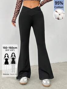 SHEIN PETITE 簡約純色包腰高腰喇叭褲 - 黑色 - 查看 7