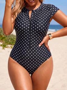 Swim SPRTY New Women's Summer/Fall Zipper Polka Dot Print Beach Party Vacation Plus Size One-Piece Swimsuit Black Polka Dot Rash Guard Sports Sexy Modest - Multicolor - View 5