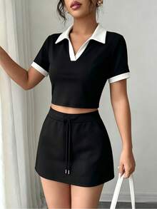 Franclia 女款夏季休閒拼色拼接上衣與裙子套裝 - 黑與白 - 查看 4
