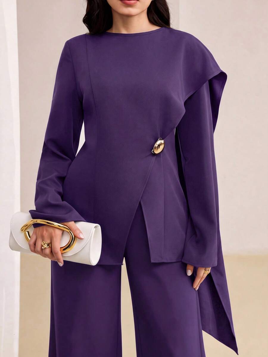 Veilorie Plus Size Metal Button Asymmetrical Hem Long Sleeve Shirt And Solid Color Long Pants 2 Pieces Set - Purple - View 1