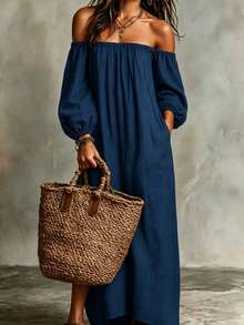 LUMIGAL Gaun Panjang Longgar Wanita Warna Polos dengan Lengan Lentera dan Saku, Model Bahu Terbuka - Navy Blue - View 1