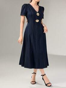 Feyla Plus Size Women's Metal Shell Decor Short Puff Sleeve Elegant Dress Fall - Navy Blue - View 6