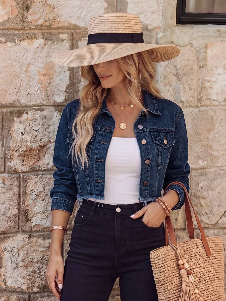 EMERY ROSE Cazadora mezclilla crop con diseño de solapa bajo crudo - Azul lavado oscuro - Ver 1