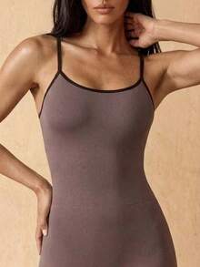 Silquee Contrast Trim Fitted Camisole Sports Athleisure Basic Romper Spandex Shapewear Date Night Gym Party Festival Victoria Secret - Khaki - View 5