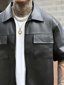 Devon Thys 男士嘻哈风PU宽松短袖拉链衬衫 男士短款衬衫 男士方正衬衫 男士皮衬衫 黑色拉链衬衫 - 黑色 - 查看 6