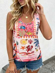 RIVANDRE Women's Palm Tree Starfish Pattern Single-Breasted Casual Tropical Vest Beach Vacation Pink Tropical Summer - Multicolor - View 7
