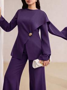 Veilorie Plus Size Metal Button Asymmetrical Hem Long Sleeve Shirt And Solid Color Long Pants 2 Pieces Set - Purple - View 3