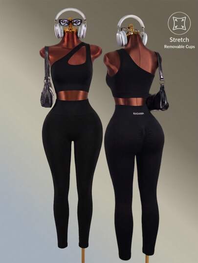SHEIN Cheerettes Amplova-E Women's Black Asymmetric Neck Fitted Knit Tank Top + Tight Capri Length Leggings Sports Set For Work, Office, Street Party Daily Wear Y3k Seki