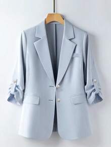 Franclia Casual Elegant Minimalist French Style Blazer Jacket For Outing, Work, Commute, Blue Buttons, Faux Pockets, Cropped Sleeves With Cuff Design, Light Blue, Summer, All Seasons, Plus Size Women's Blazer - Blue - View 1