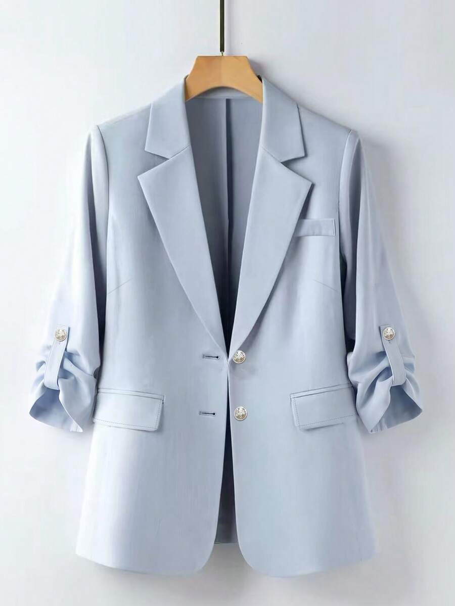 Franclia Casual Elegant Minimalist French Style Blazer Jacket For Outing, Work, Commute, Blue Buttons, Faux Pockets, Cropped Sleeves With Cuff Design, Light Blue, Summer, All Seasons, Plus Size Women's Blazer - Blue - View 1
