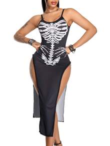 AltBold Women's 1pc Halloween Skeleton Bone Dark Sexy Hollow Out Design Nightgown - Black and White - View 4
