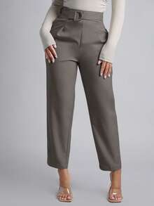 SHEIN PETITE Spring Women Belted Tapered Leg Pants ,Petite Women - Light Grey - View 1