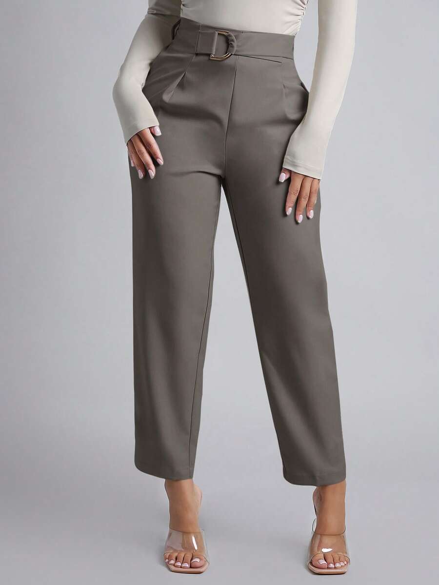 SHEIN PETITE Spring Women Belted Tapered Leg Pants ,Petite Women - Light Grey - View 1