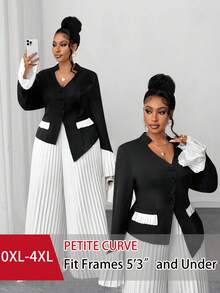 SHEIN PETITE CURVE 2pcs/Set Elegant V-Neck Patchwork Handkerchief Hem Blazer & Pleated Long Pants,Petite Plus Size Women's Office Wear,Black And White,Autumn,Dinner - Black and White - View 1