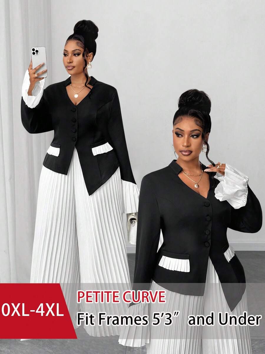 SHEIN PETITE CURVE 2pcs/Set Elegant V-Neck Patchwork Handkerchief Hem Blazer & Pleated Long Pants,Petite Plus Size Women's Office Wear,Black And White,Autumn,Dinner - Black and White - View 1