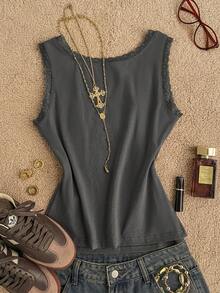 Attitoon 95 Cotton Women's Tank Top, Casual Minimalist Vintage Punk Y2K Versatile Party Everyday Wear, Dark Grey, Racerback Lace Patchwork Music Festival - Dark Grey - View 2