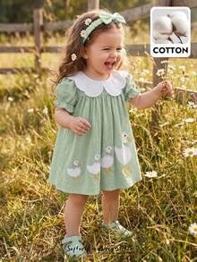 Cozy Pixies Baby Girl Floral Print Peter Pan Collar Puff Sleeve Dress - Mint Green - View 1