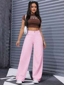 SHEIN ICON 女款休閒牛仔長褲，附口袋與鈕扣，適合日常穿著 - 淺粉色 - 查看 6