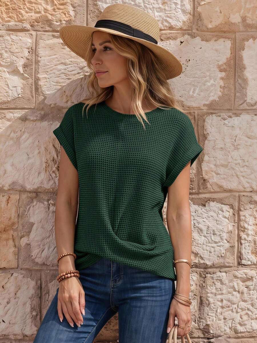 EMERY ROSE Women's Summer Solid Color Round Neck Batwing Sleeve Casual T-Shirt - Dark Green - View 1