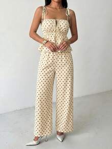 SHEIN PETITE 女款休閒黑色波點印花無袖上衣與長褲兩件套，夏季可愛波點兩件套，情人節波點兩件套，波點套裝兩件套女款夏季 - 杏色 - 查看 3