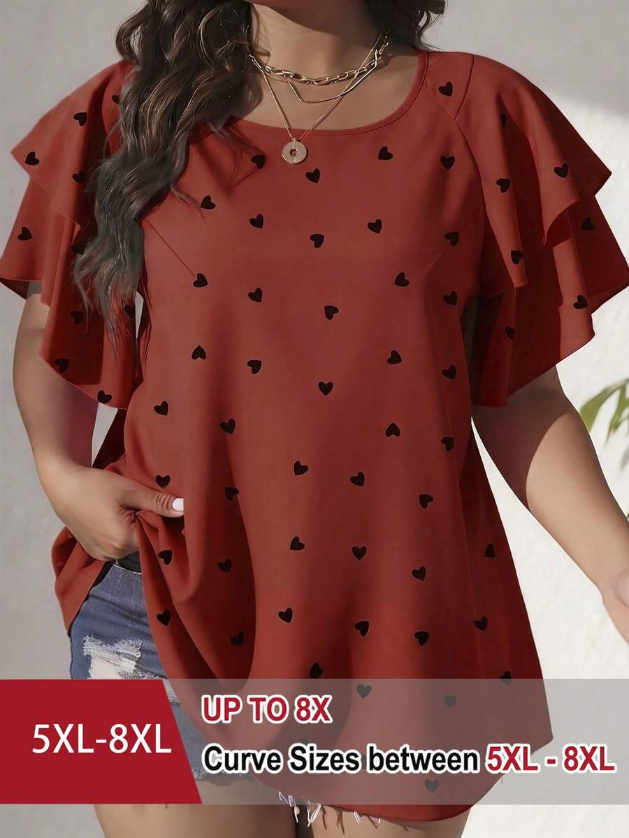SHEIN CURVE+ 大尺碼女款優雅春夏休閒全幅愛心印花襯衫,度假風 - 紅色 - 查看 1