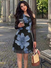 Modelyn 網格印花不對稱單肩百褶優雅極簡性感夏季女裝洋裝 - 淺藍色 - 查看 6