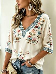 Selamara Plus Size Women's Floral Print Casual Versatile Daily Wear Top Fall - Multicolor - View 4