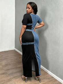 INAWLY Solva New Women's Plus Size Bestselling Denim Effect Fitted Bodycon Casual Dress Fall - Multicolor - View 3