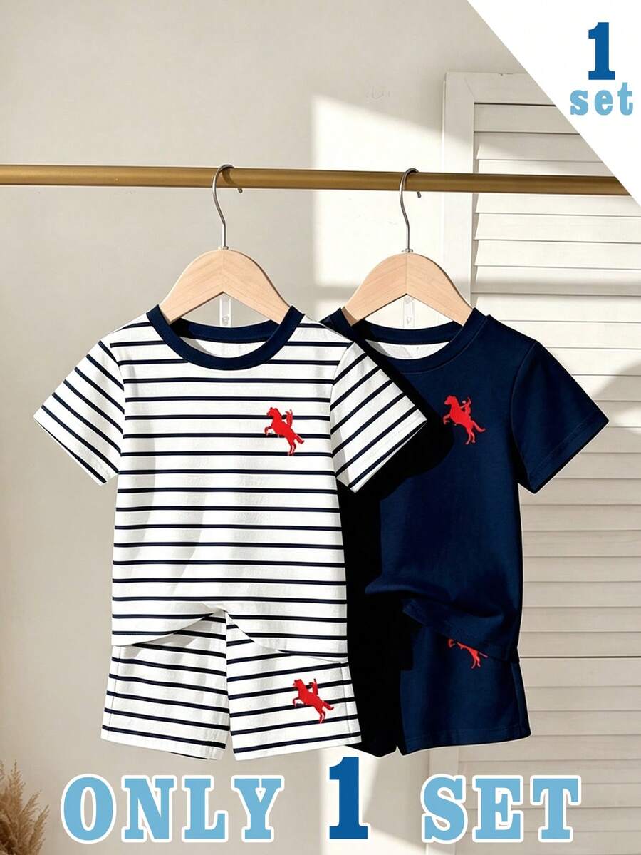 Souflis Souflis 條紋皇家藍拼色嬰兒休閒時尚經典騎士印花圓領短袖T恤套裝 - 彩色 - 查看 1