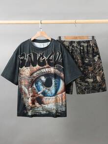 SHEIN 青少年男孩 2件/套 圓領T恤與迷彩短褲，休閒夏季套裝，經典酷炫街頭圖案印花，Y2K風格 - 彩色 - 查看 6