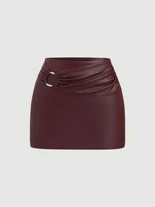 Sweetra Women's Summer Faux Leather Pleated Skirt With Metal Decor - Burgundy - View 1