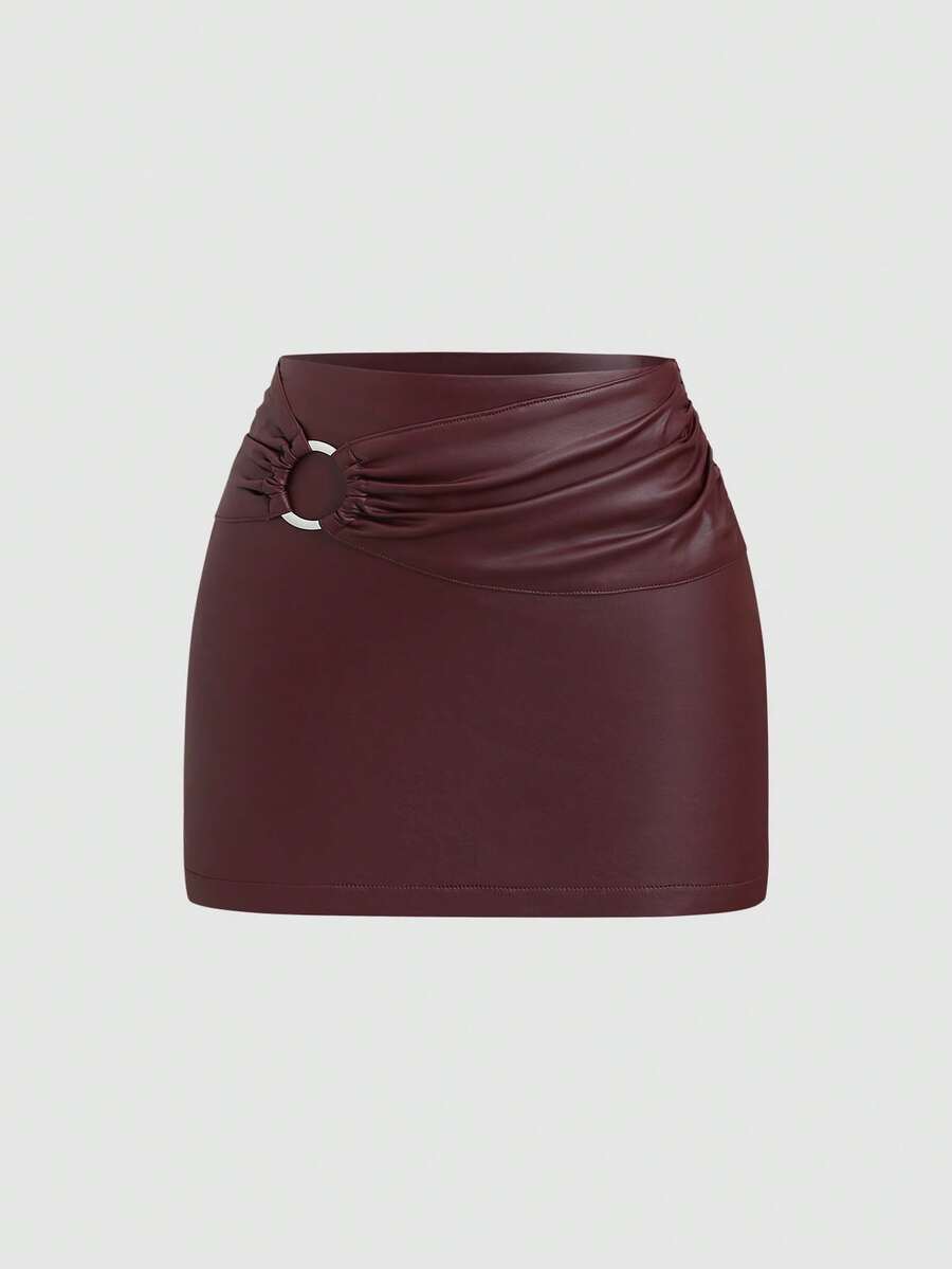 Sweetra Women's Summer Faux Leather Pleated Skirt With Metal Decor - Burgundy - View 1