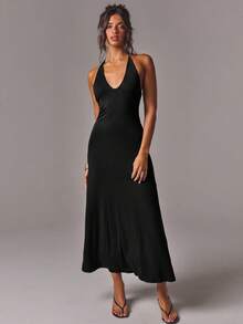 Athîral Women's Casual V-Neck Long Dress - Black - View 4