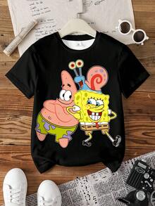 SpongeBob SquarePants | SHEIN 青少年男孩卡通印花圓領休閒日常短袖T恤 - 白色 - 查看 1