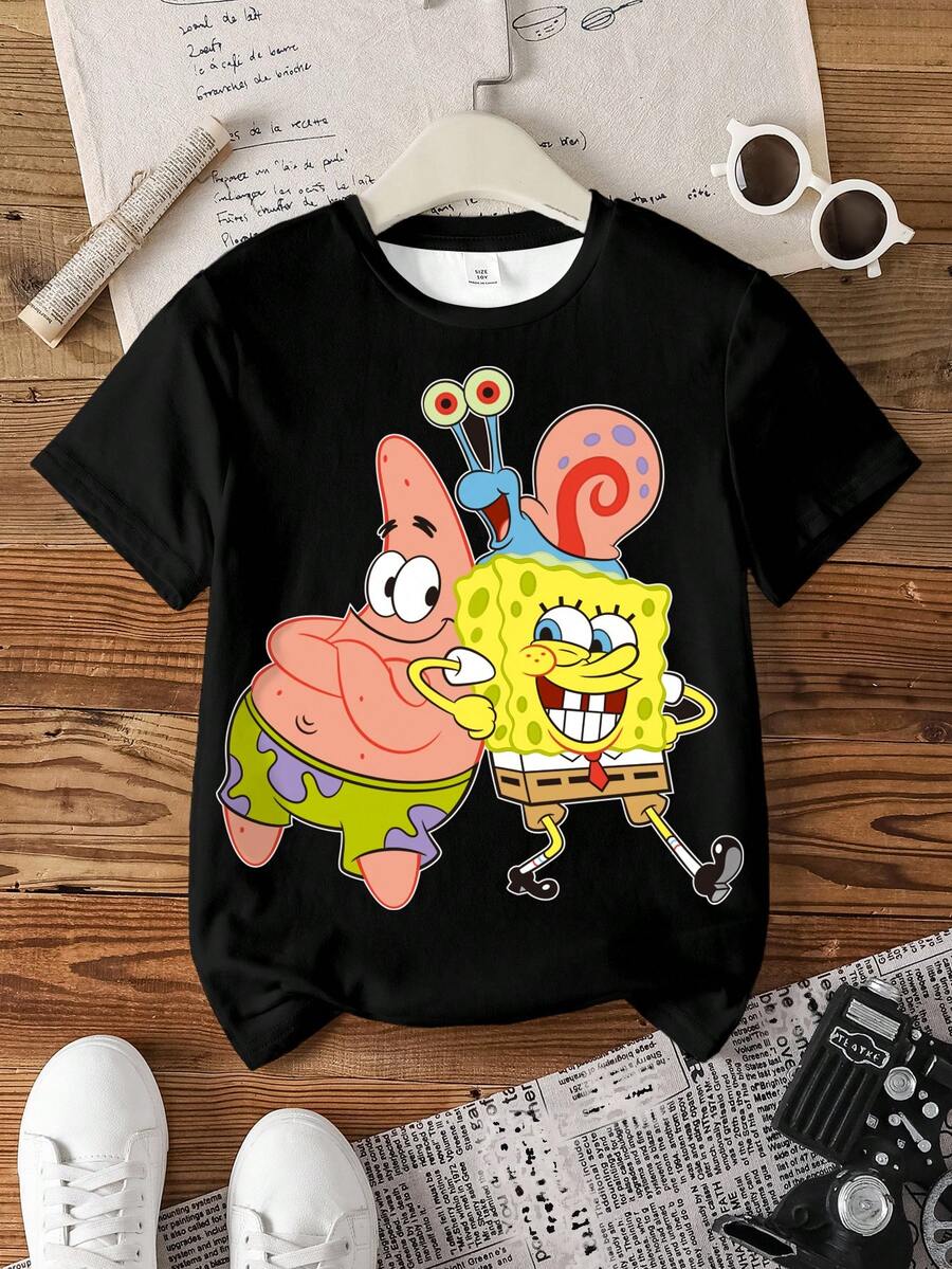 SpongeBob SquarePants | SHEIN 青少年男孩卡通印花圓領休閒日常短袖T恤 - 白色 - 查看 1