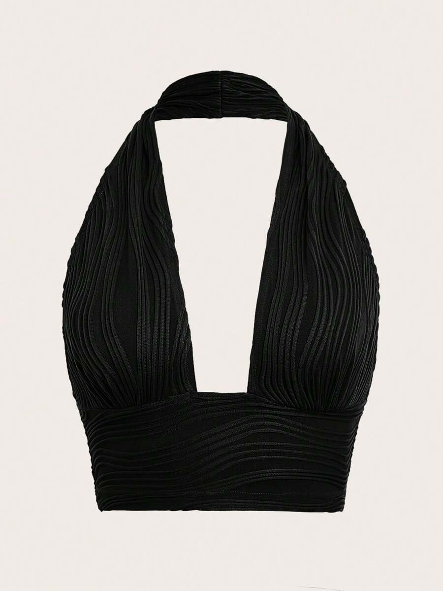 SHEIN ICON Top Recortado Sin Respaldo Con Cuello Halter Y2k Sólido - Negro - Ver 1