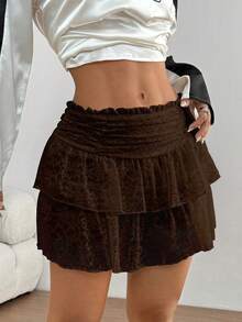 TRNVIE Women Lace Ruffle Flounce Hem Skirt - Brown - View 6