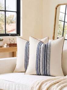Cirelle 1pc/2pcs All-Season Middle Vertical Striped Patchwork Throw Pillow Covers, Square Cushion Cases With Piped Edge Design, Neutral Rustic Farmhouse Boho Home Decor For Sofas,Bedrooms,Bay Windows,Homestays&Influencer Apartments,Pillow Insert Not Included - Blue - View 3