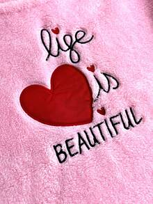 SHEIN Pink Fuzzy Plush Heart Applique Embroidery Long Sleeve Homewear Pajama Set - Pink - View 7