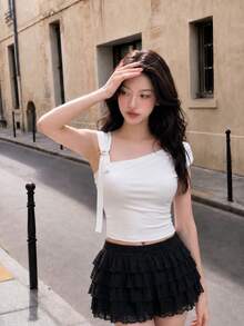 SHEIN MOD White Asymmetrical Shoulder Women Summer Music Festival White Top Tops - White - View 1