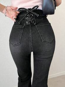 FRIFUL Atasan Wanita Serbaguna: Celana Jeans Denim dengan Kancing Saku dan Ujung Bawah Melebar serta Tepi Kasar - Hitam - View 1