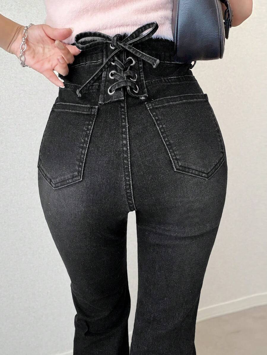 FRIFUL Atasan Wanita Serbaguna: Celana Jeans Denim dengan Kancing Saku dan Ujung Bawah Melebar serta Tepi Kasar - Hitam - View 1