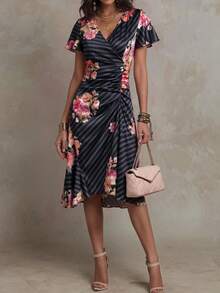 Solivie Women's Floral Print Overlap V-Neck Ruffle Short Sleeve Elegant Midi Dress Brunch Black And Pink Summer - Black - View 5