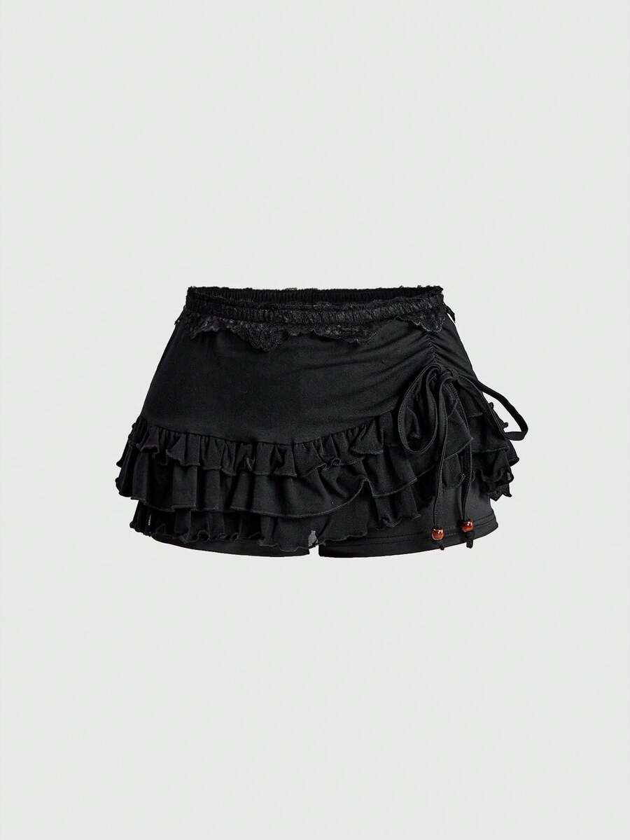 ROMWE Grunge Punk Women's Spring Break Concert, Rave Festival Low Waist Lace Trim Sexy Vintage Multi-Layer Ruffle Tiered Skort With Drawstring Bowknot - Black - View 1