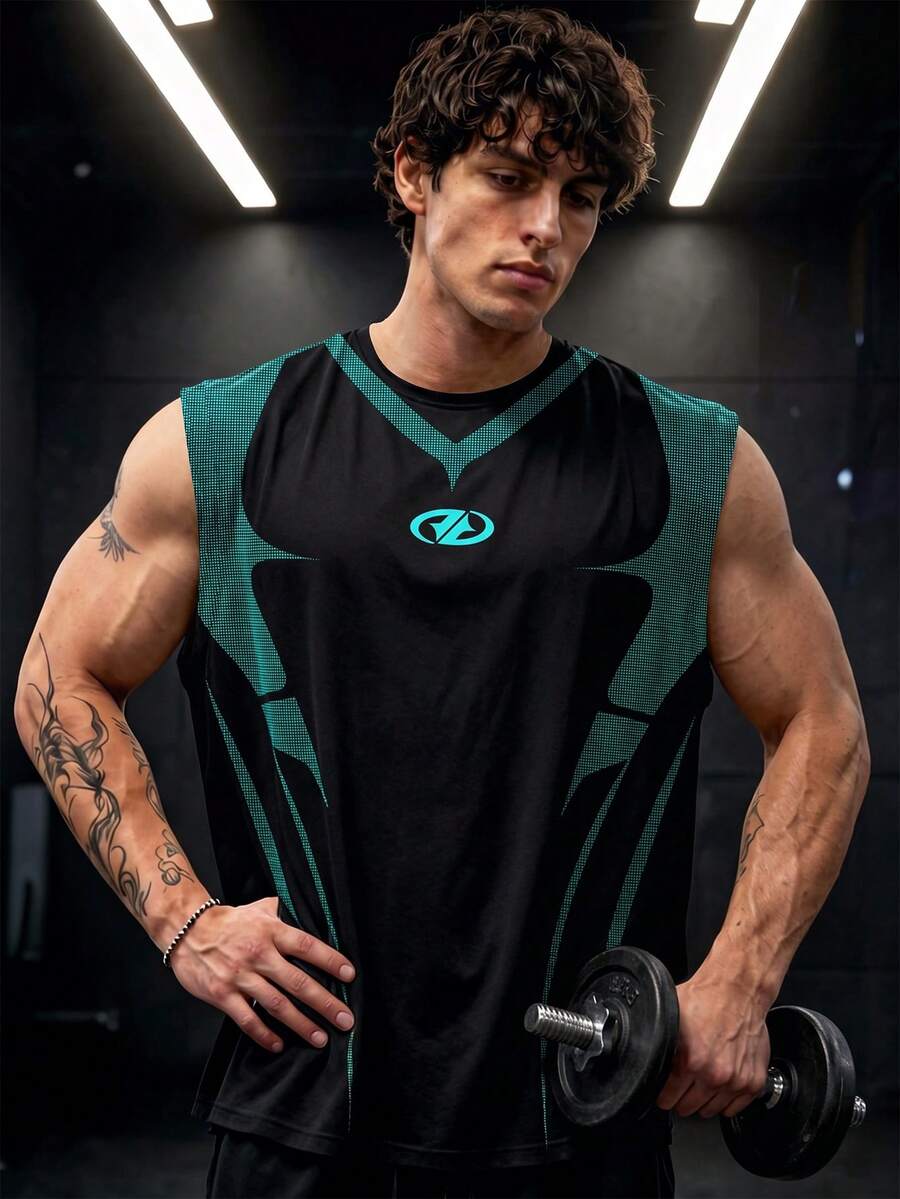 GymBeat 男士幾何印花日常健身運動背心 - 彩色 - 查看 1