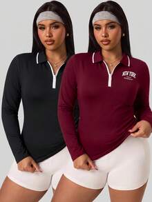 SHEIN Velisys Women's Plus Size Fitted Long Sleeve Sports T-Shirt Fall - Multicolor - View 1