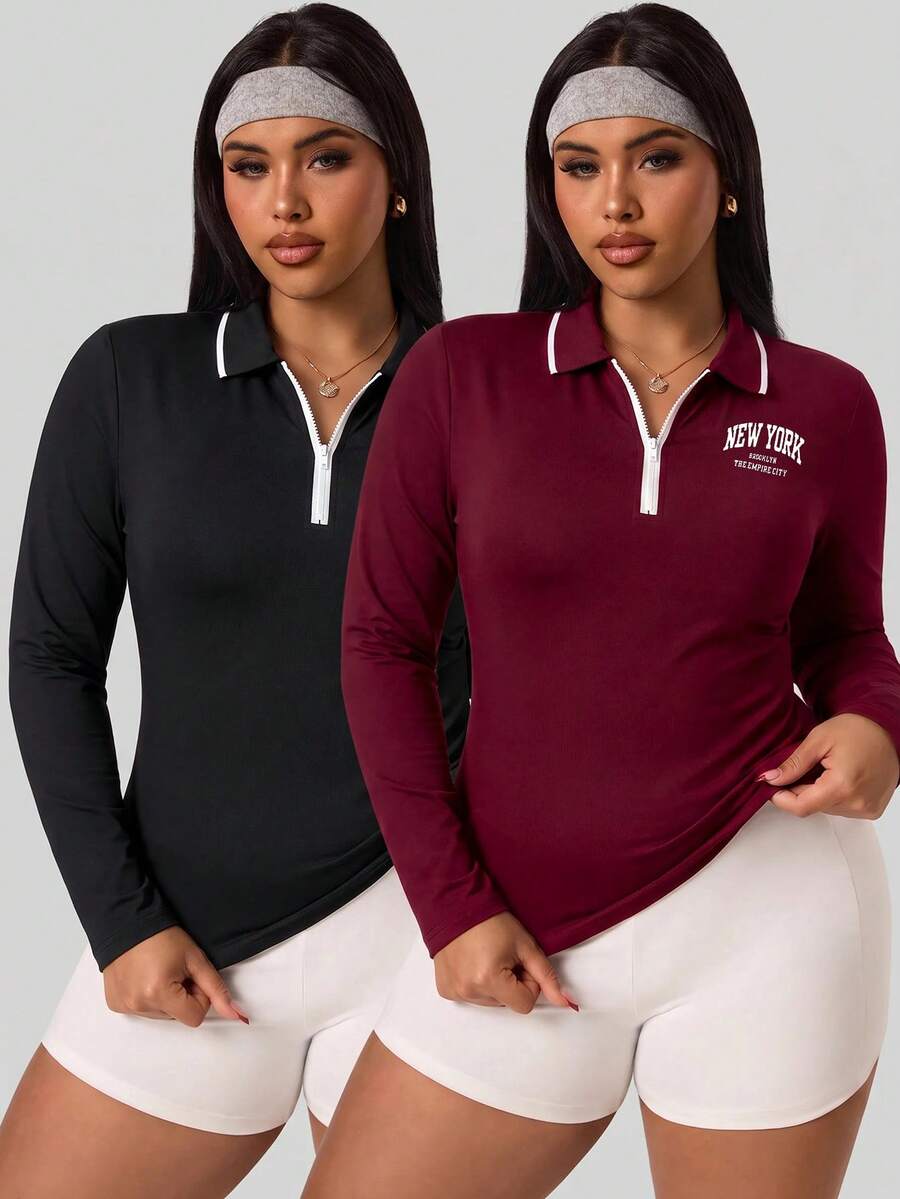SHEIN Velisys Women's Plus Size Fitted Long Sleeve Sports T-Shirt Fall - Multicolor - View 1