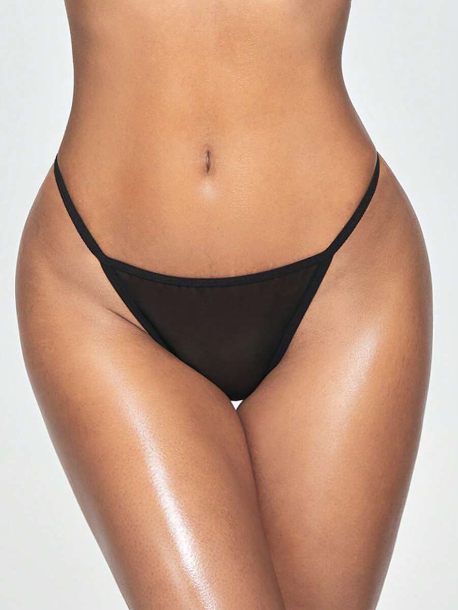 SHAPORA Solid Color Mesh T-Back Panties With Tummy Control And Butt Lifting, Sexy Women's Underwear - Black - View 1