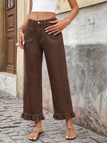 Breezaya Celana Jeans Denim Wanita Model Street dengan Kancing Saku dan Hem Bergelombang - Coffee Brown - View 4