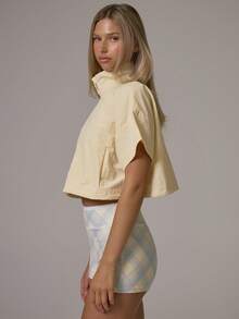 Musera Sport Funnel Neck Zip Through Short Sleeve Cropped Cinched Bungee Waist Nylon Style Jacket Fall Autumn Winter Gym Workout Cute - Butter Yellow - View 4
